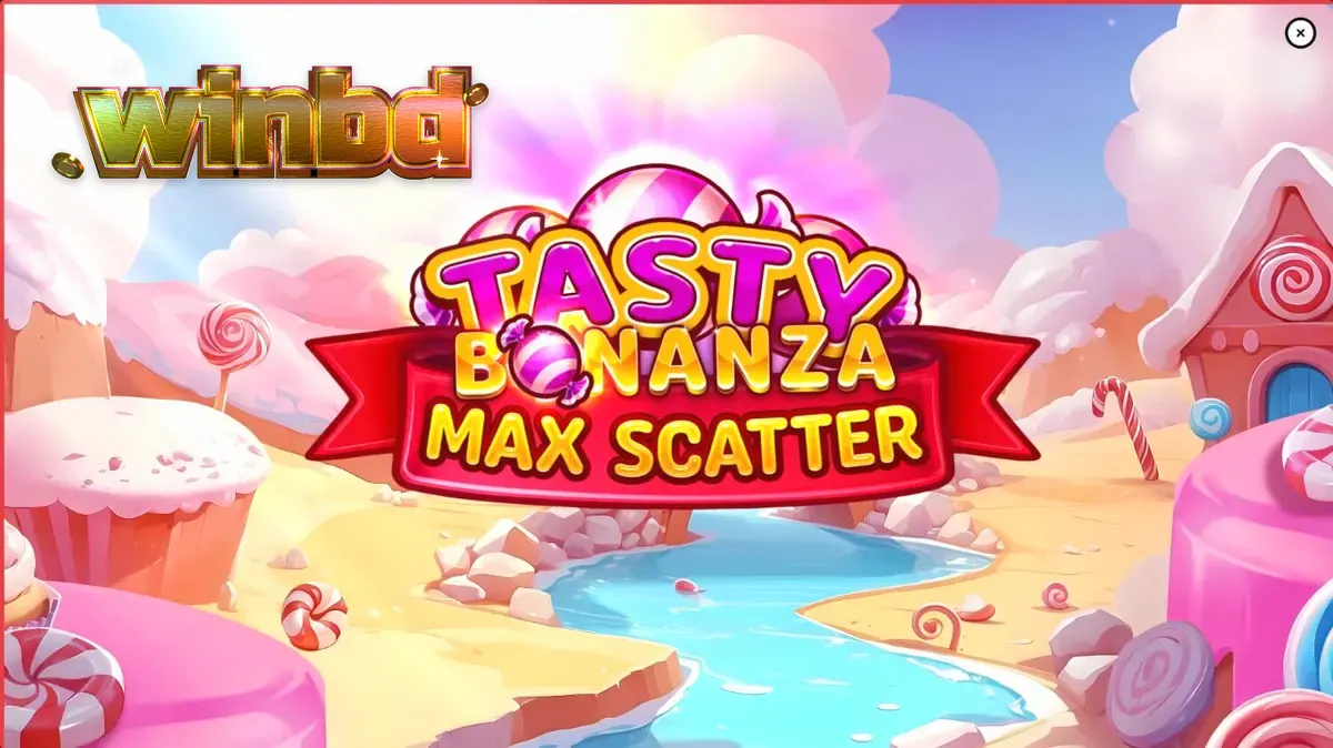 Tasty Bonanza Max Scatter স্লট গেমের স্ক্রিনশট, যেখানে ক্যান্ডি-থিমযুক্ত রিল এবং রঙিন প্রতীক দেখা যাচ্ছে।